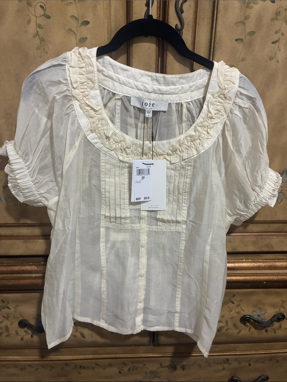 Joie Ivory Ruffle-Neck Short Puff Sleeve Blouse